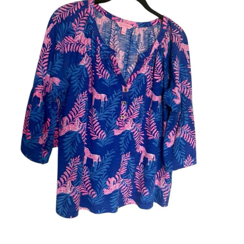 Lilly Pulitzer Teigen Top Blouse Royal Purple Dazzle 3/4 Sleeve Zebra Sz Medium
